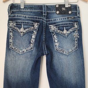 MISS ME Embellished Rhinestone Bling White Stitching Boot Cut Denim Jeans 28